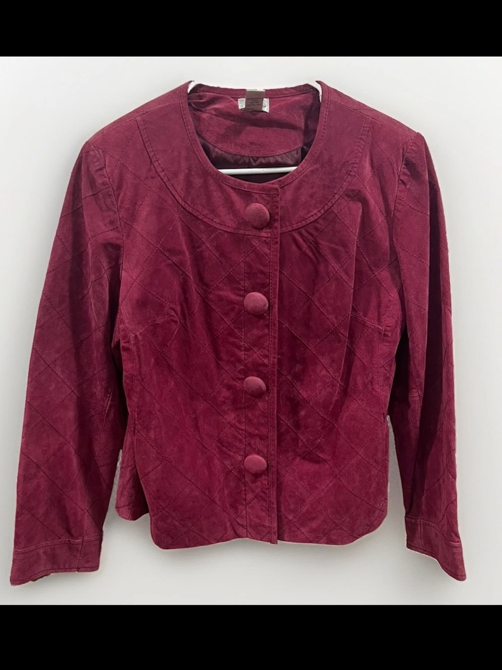 Chico’s 100% Leather Quilted Burgundy Button Front Jacket Cardigan Women’s Sz 1